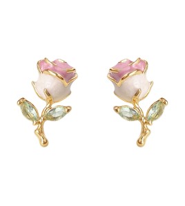 HELN124100015 ~小清新925銀針琺瑯滴釉質感微鑲鋯石小巧玫瑰花耳釘