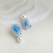 HELN124100016 【鹽湖系列】~設計師款925銀針琺瑯滴釉不對稱耳環女