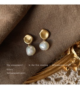 HELN124100017 巴洛克異形淡水珍珠925銀針手作設計啞光耳釘 氣質耳飾復古耳環女