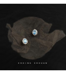 HELN124100019 海藍寶鋯石925銀針小巧簡約時尚通勤輕奢風百搭耳釘 氣質