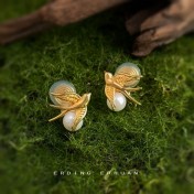 HELN124100020 【飛鳥集】設計925銀針鍍14K玻璃爆款珍珠飛鳥耳飾高級感耳釘