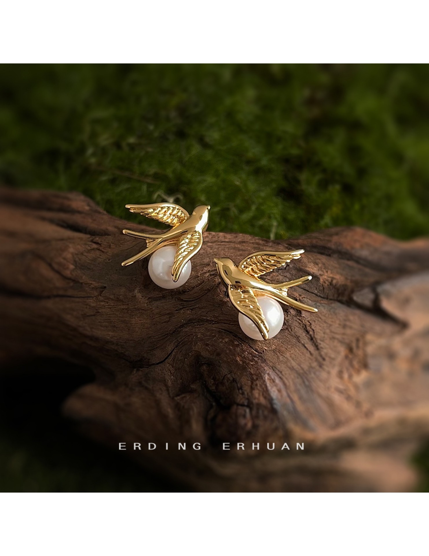 HELN124100020 【飛鳥集】設計925銀針鍍14K玻璃爆款珍珠飛鳥耳飾高級感耳釘