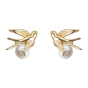 HELN124100020 【飛鳥集】設計925銀針鍍14K玻璃爆款珍珠飛鳥耳飾高級感耳釘