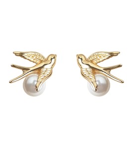 HELN124100020 【飛鳥集】設計925銀針鍍14K玻璃爆款珍珠飛鳥耳飾高級感耳釘