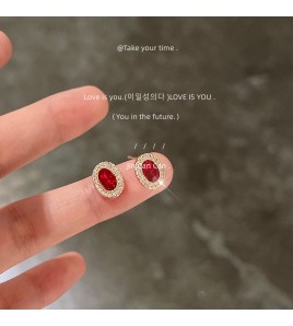 HELN124100022 微鑲鋯石~鵝蛋紅色爆閃925銀針鍍14K橢圓耳釘 小巧輕奢耳飾 耳環