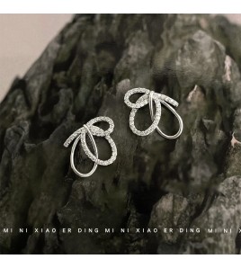 HELN124100028 在逃公主~設計師款微鑲鋯石925銀針甜美蝴蝶結鏤空耳飾女耳釘