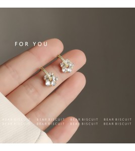 HELN124100031 鋯石花925銀針鍍14K日韓ins甜美耳飾女耳釘潮耳環