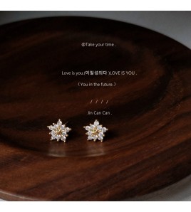 HELN124100033 「夏初雪」925銀針鍍14K雪花鋯石超仙耳釘耳環女耳飾