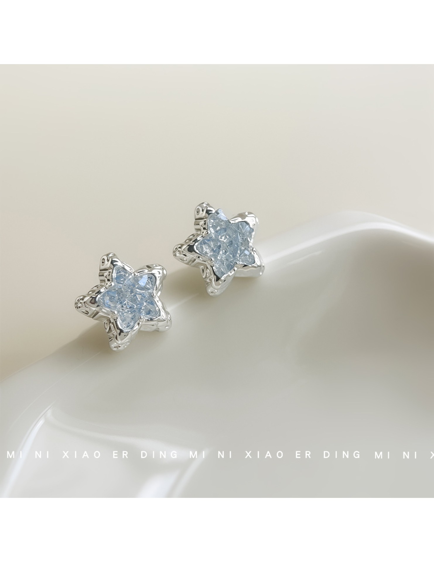 HELN124100040 藍色冰晶~清新甜美五角星925銀針液態耳釘女氣質優雅夏日爆款耳飾