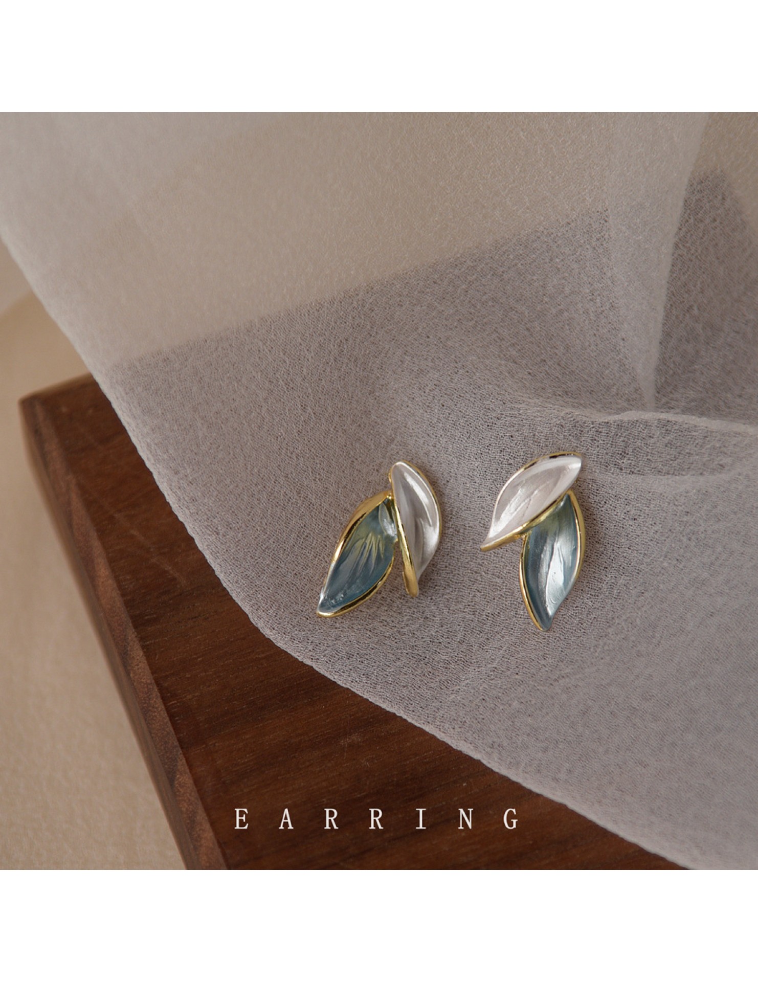 HELN124100042 清新925銀針鍍14K質感小葉子耳釘女綠色