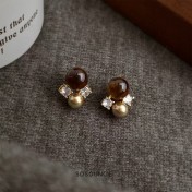 HELN124100046 美拉德風 文藝復古天然石虎眼石925銀針鋯石幾何耳釘新款