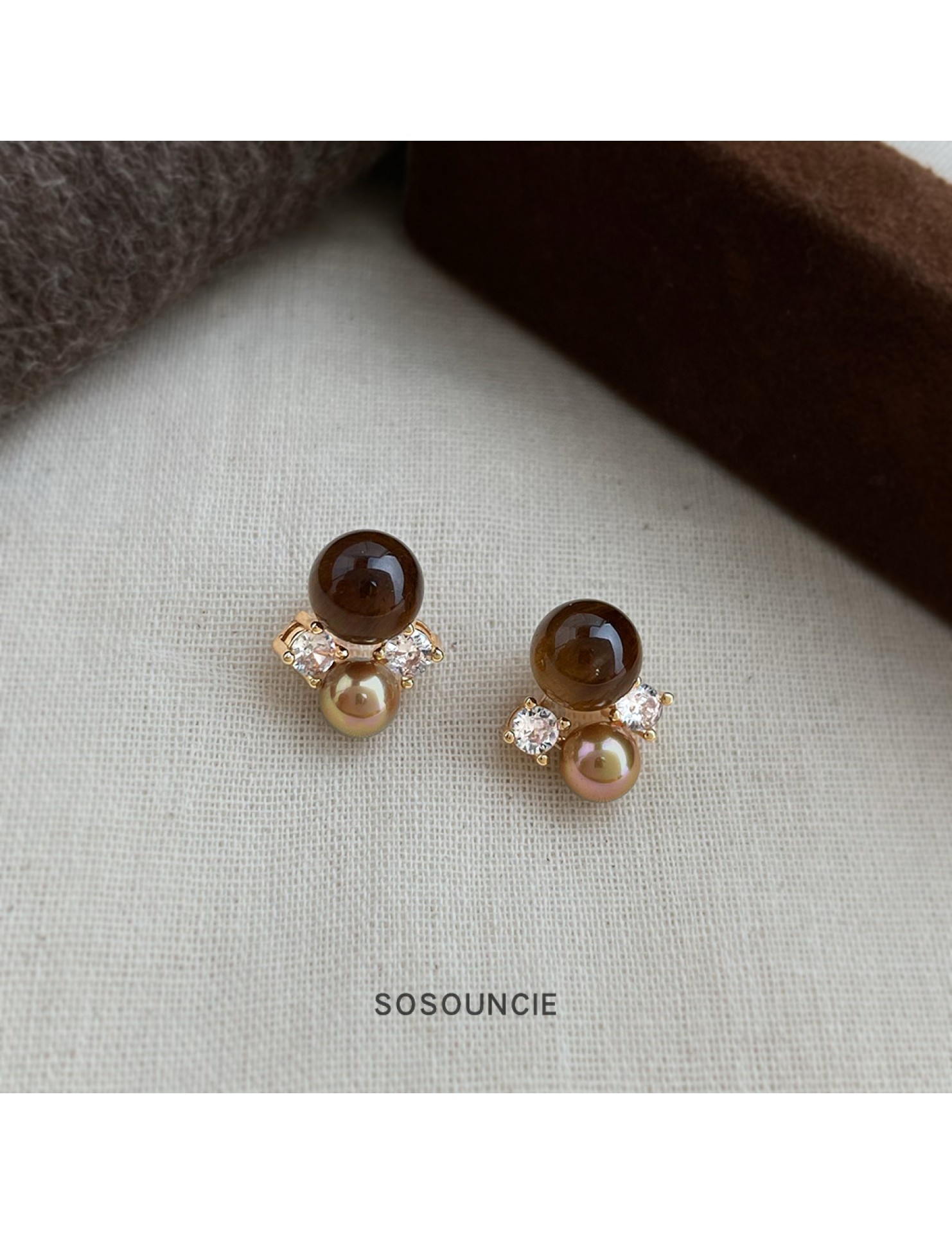 HELN124100046 美拉德風 文藝復古天然石虎眼石925銀針鋯石幾何耳釘新款