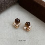 HELN124100046 美拉德風 文藝復古天然石虎眼石925銀針鋯石幾何耳釘新款