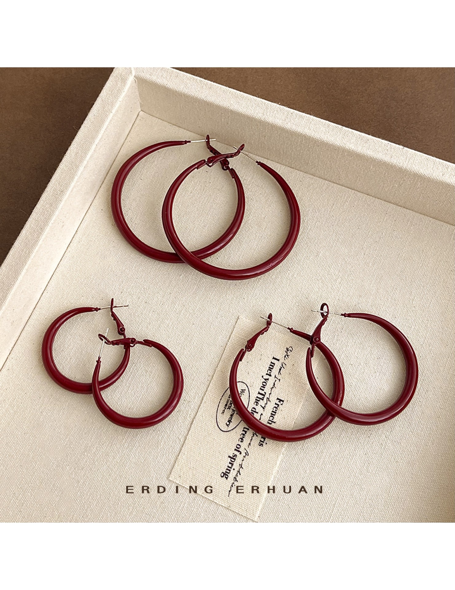 HELN124100049 港風復古顯白酒紅色素圈耳環女2025新款爆款高級感夸張大耳圈耳飾