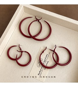 HELN124100049 港風復古顯白酒紅色素圈耳環女2025新款爆款高級感夸張大耳圈耳飾