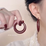 HELN124100049 港風復古顯白酒紅色素圈耳環女2025新款爆款高級感夸張大耳圈耳飾