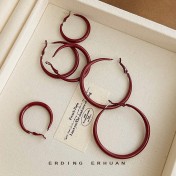 HELN124100049 港風復古顯白酒紅色素圈耳環女2025新款爆款高級感夸張大耳圈耳飾