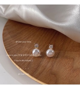 HELN124100050 淡水珍珠~微鑲鋯石925銀針鍍14K簡約百搭高級感耳釘 飾品