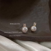 HELN124100050 淡水珍珠~微鑲鋯石925銀針鍍14K簡約百搭高級感耳釘 飾品