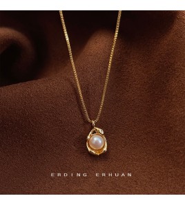 HELN124100056 法式蠶豆淡水珍珠項鏈鍍14K金碗珍珠吊墜小眾時尚高級感鎖骨鏈女