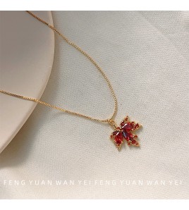HELN124100277 微鑲鋯石~鍍14K楓葉項鏈新款潮時尚高級感鎖骨鏈頸鏈飾品