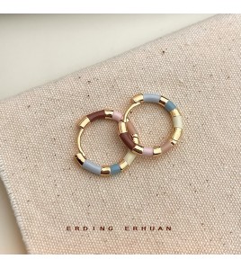 HELN124100285 春天系七彩琺瑯滴釉圓形幾何鍍14K簡約甜美耳扣耳飾新款飾品