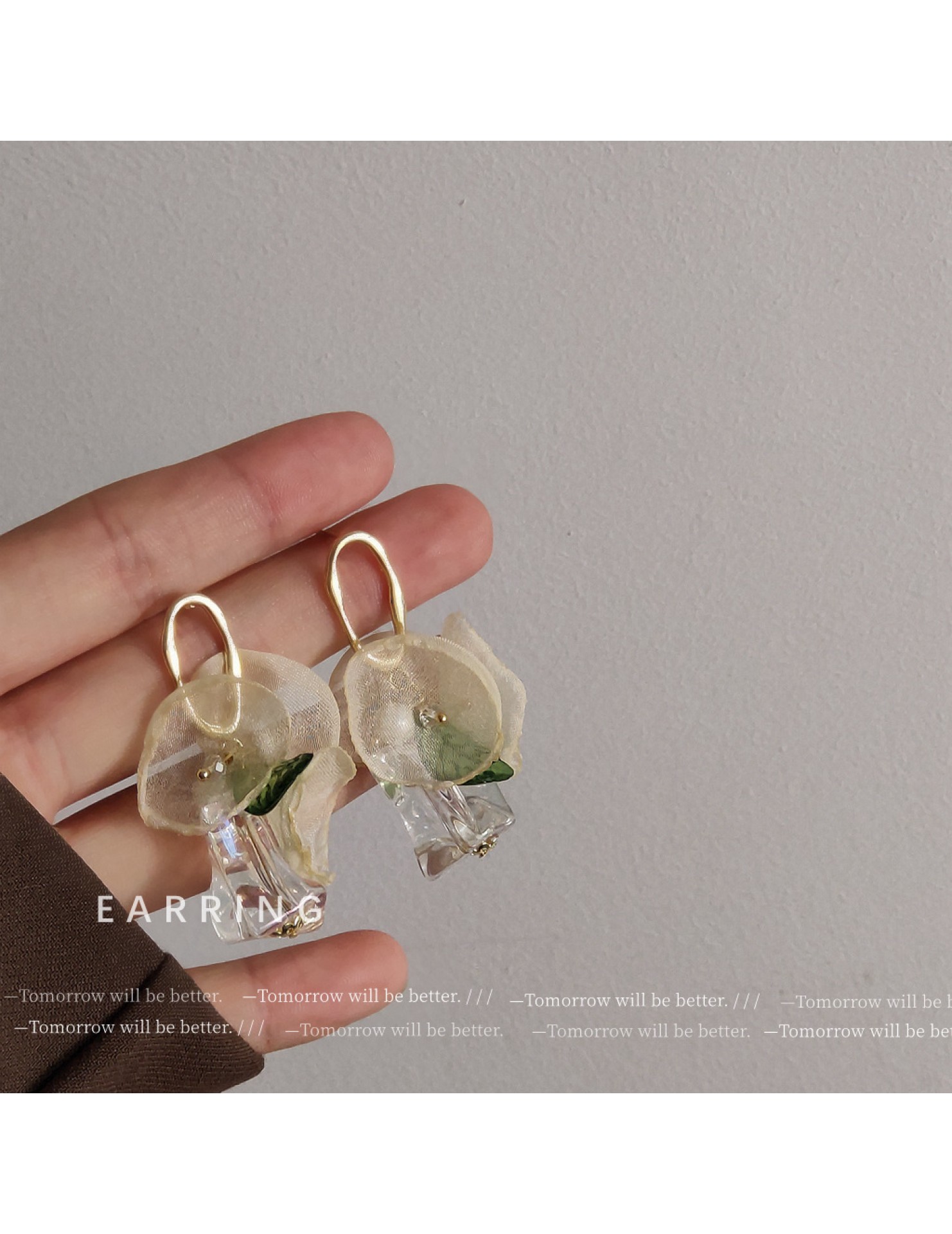 HELN124100286 925銀針鍍14K輕薄柔紗花朵亞克力耳環耳釘女復古森系耳飾