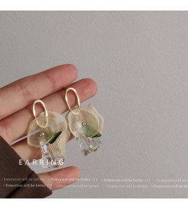 HELN124100286 925銀針鍍14K輕薄柔紗花朵亞克力耳環耳釘女復古森系耳飾