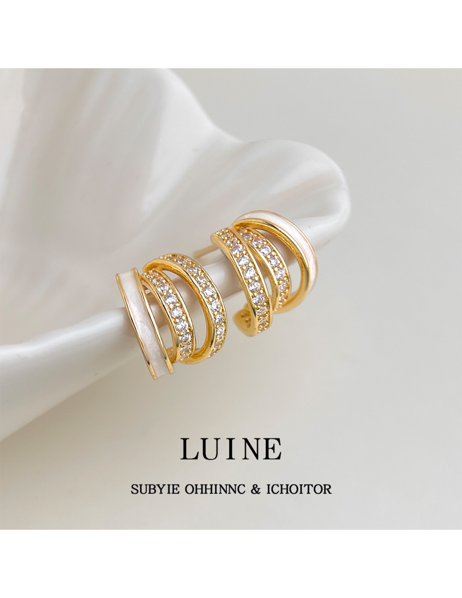 HELN124100294 時尚高級感線條925銀針微鑲鋯石滴釉白色圓形幾何耳飾 耳環女