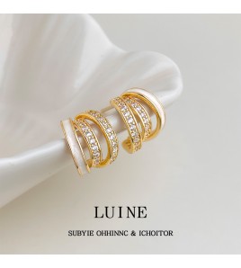 HELN124100294 時尚高級感線條925銀針微鑲鋯石滴釉白色圓形幾何耳飾 耳環女