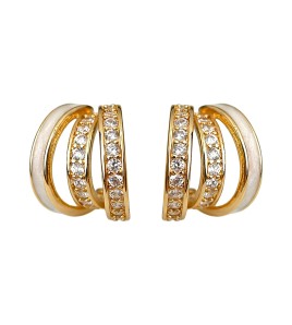 HELN124100294 時尚高級感線條925銀針微鑲鋯石滴釉白色圓形幾何耳飾 耳環女