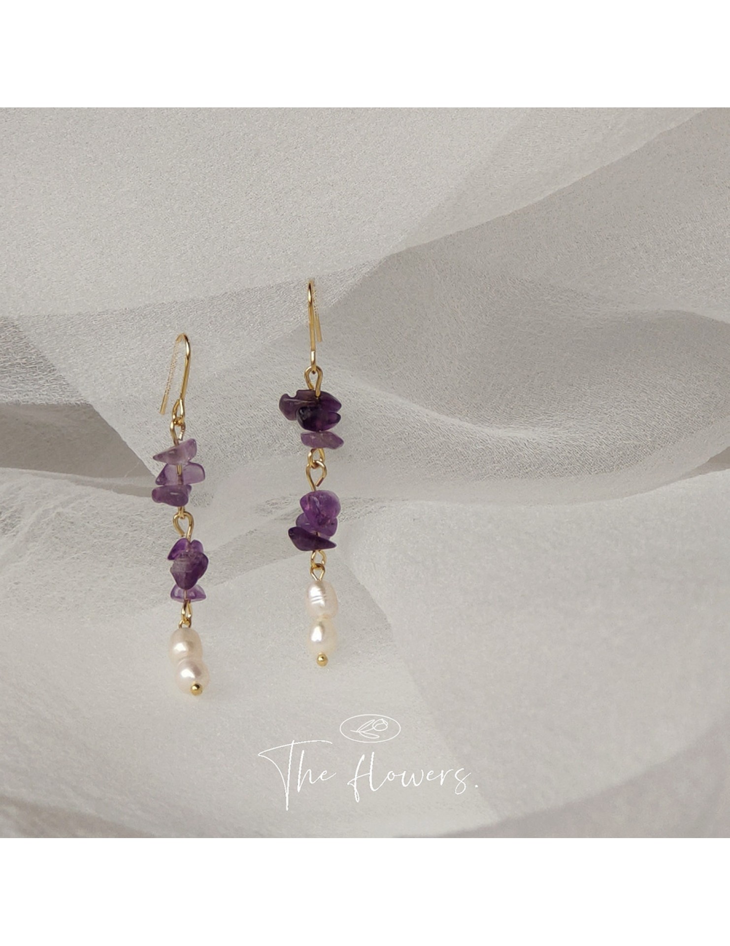 HELN124100298 [浪漫薰衣草]紫碎石淡水珍珠耳環 韓國時尚設計手作氣質長款耳飾