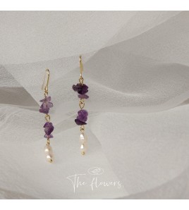 HELN124100298 [浪漫薰衣草]紫碎石淡水珍珠耳環 韓國時尚設計手作氣質長款耳飾