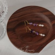 HELN124100298 [浪漫薰衣草]紫碎石淡水珍珠耳環 韓國時尚設計手作氣質長款耳飾