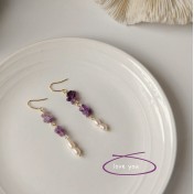 HELN124100298 [浪漫薰衣草]紫碎石淡水珍珠耳環 韓國時尚設計手作氣質長款耳飾