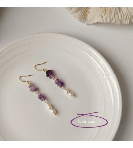 HELN124100298 [浪漫薰衣草]紫碎石淡水珍珠耳環 韓國時尚設計手作氣質長款耳飾