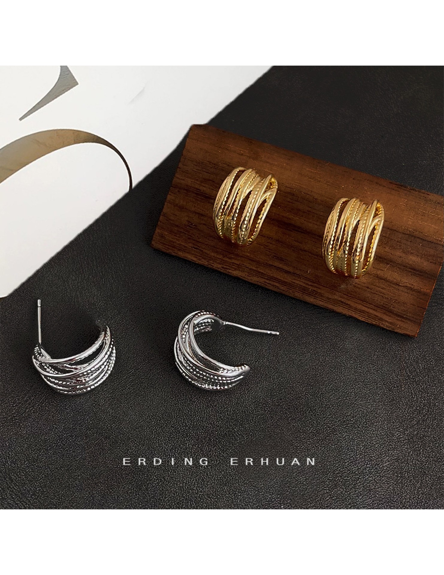 HELN124100308 銅光面電鍍14K線條幾何高級感簡約百搭耳環