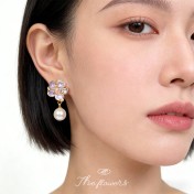 HELN124100311 花朵時尚小香風微鑲鋯石琺瑯滴釉925銀針珍珠 耳環女