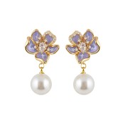 HELN124100311 花朵時尚小香風微鑲鋯石琺瑯滴釉925銀針珍珠 耳環女