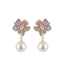 HELN124100311 花朵時尚小香風微鑲鋯石琺瑯滴釉925銀針珍珠 耳環女