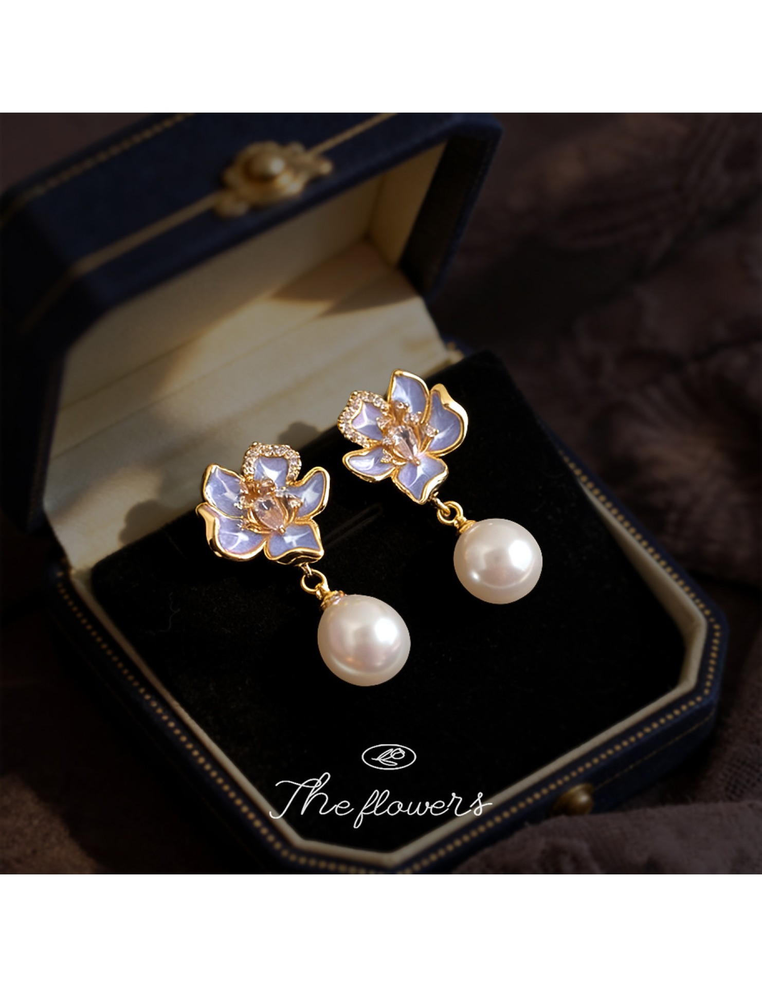 HELN124100311 花朵時尚小香風微鑲鋯石琺瑯滴釉925銀針珍珠 耳環女