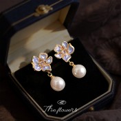 HELN124100311 花朵時尚小香風微鑲鋯石琺瑯滴釉925銀針珍珠 耳環女