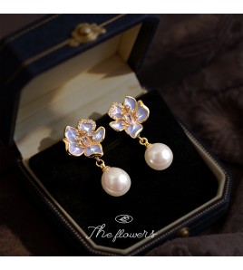 HELN124100311 花朵時尚小香風微鑲鋯石琺瑯滴釉925銀針珍珠 耳環女