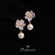 HELN124100311 花朵時尚小香風微鑲鋯石琺瑯滴釉925銀針珍珠 耳環女