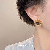 HELN124100314 美拉德風文藝復古虎眼石天然石秋冬爆款新款幾何鏤空花朵耳飾耳環