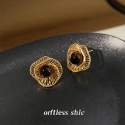 HELN124100314 美拉德風文藝復古虎眼石天然石秋冬爆款新款幾何鏤空花朵耳飾耳環