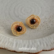 HELN124100314 美拉德風文藝復古虎眼石天然石秋冬爆款新款幾何鏤空花朵耳飾耳環