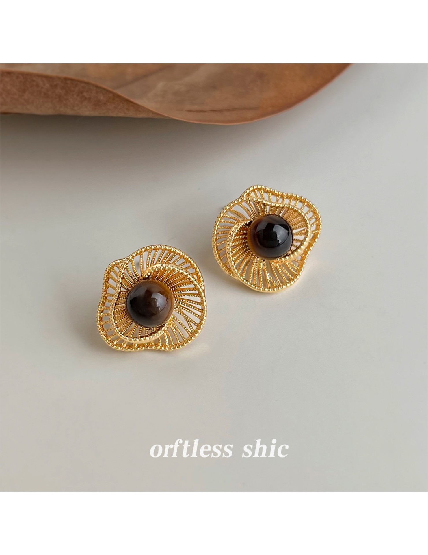 HELN124100314 美拉德風文藝復古虎眼石天然石秋冬爆款新款幾何鏤空花朵耳飾耳環