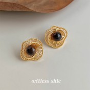 HELN124100314 美拉德風文藝復古虎眼石天然石秋冬爆款新款幾何鏤空花朵耳飾耳環