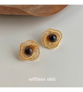 HELN124100314 美拉德風文藝復古虎眼石天然石秋冬爆款新款幾何鏤空花朵耳飾耳環